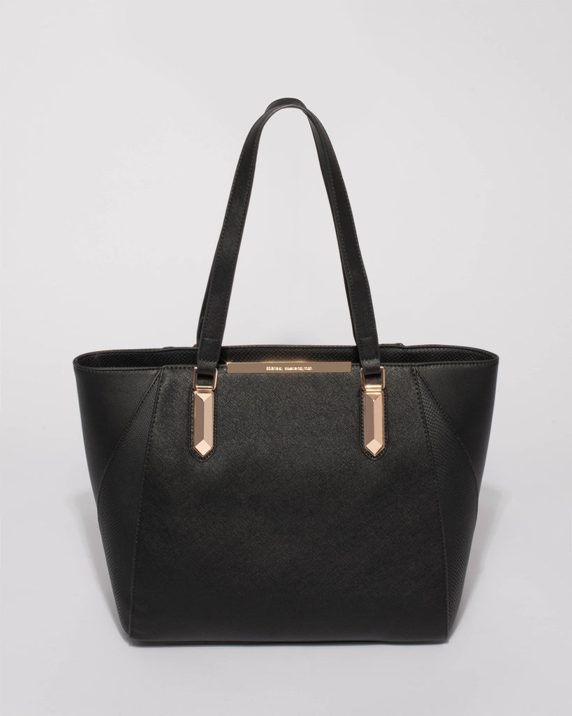 Black Textured Domi Hardware Tote Bag With Gold Hardware