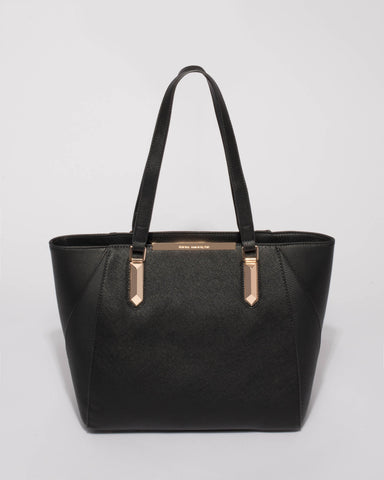 Black Textured Domi Hardware Tote Bag With Gold Hardware
