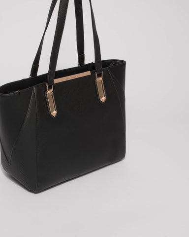Black Textured Domi Hardware Tote Bag With Gold Hardware