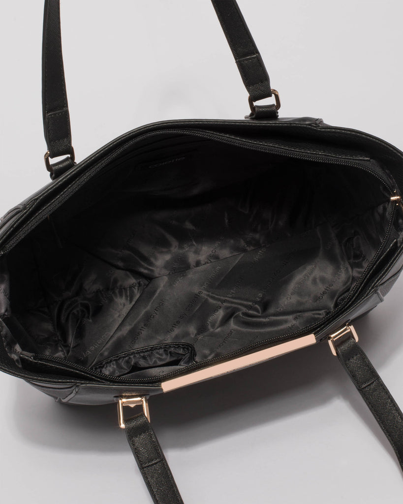 Black Textured Domi Hardware Tote Bag With Gold Hardware
