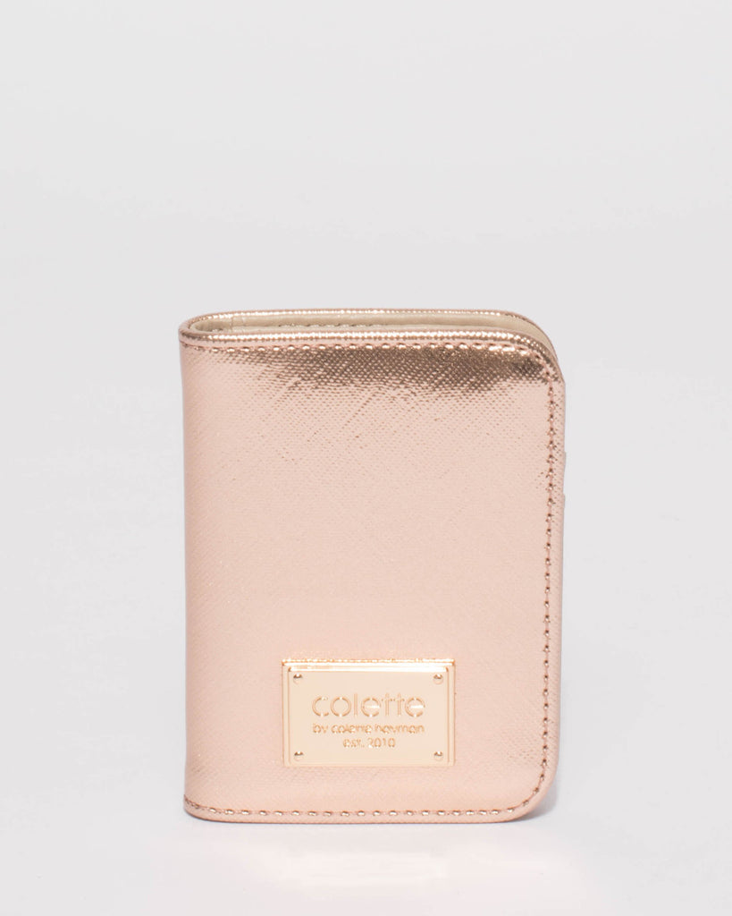 Rose Gold Saffiano Credit Card Purse With Gold Hardware