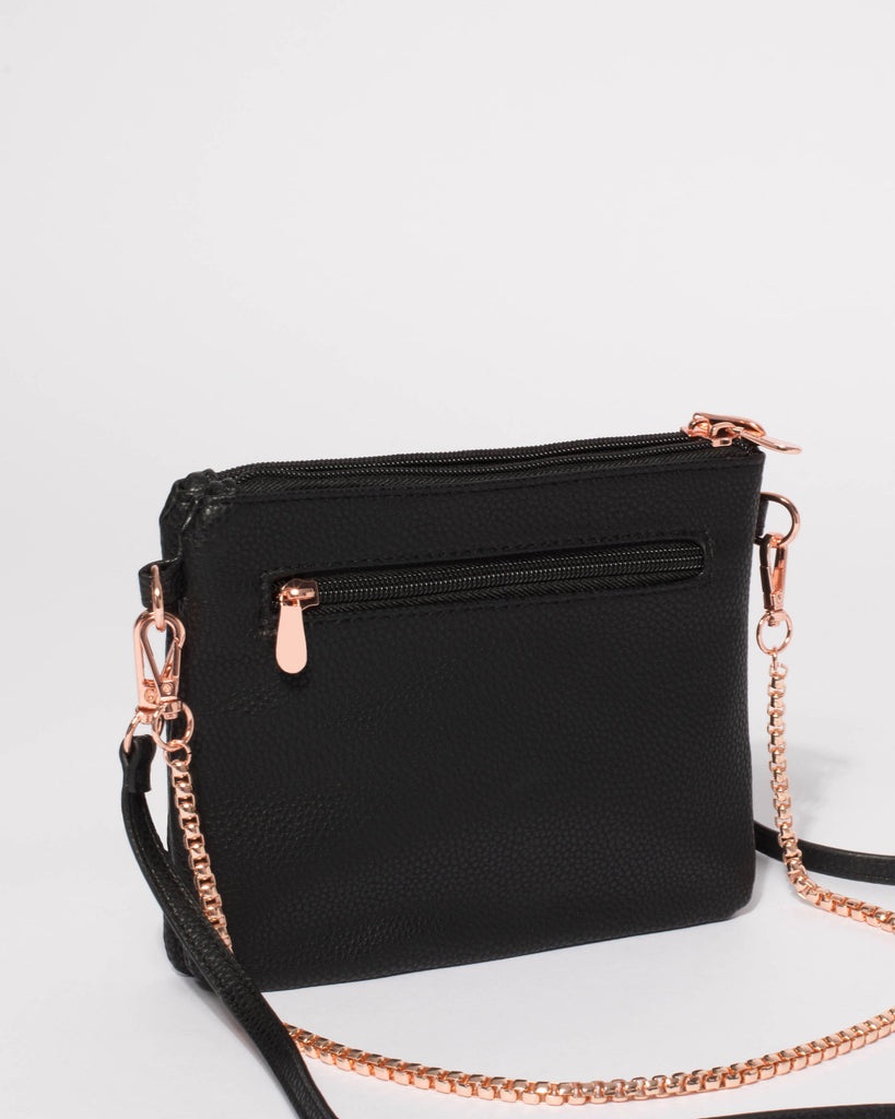 Black Double Peta Chain Crossbody Bag With Rose Gold Hardware