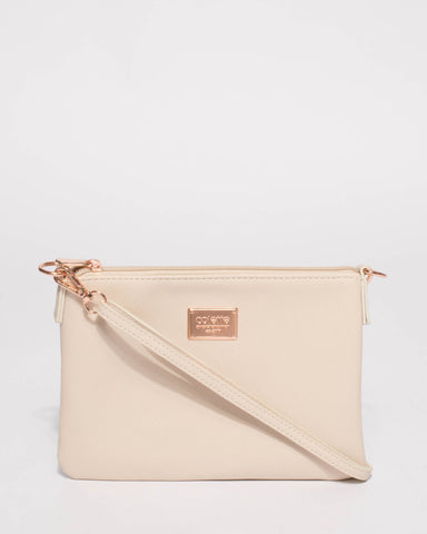 Ivory Plain Peta Crossbody Bag With Rose Gold Hardware