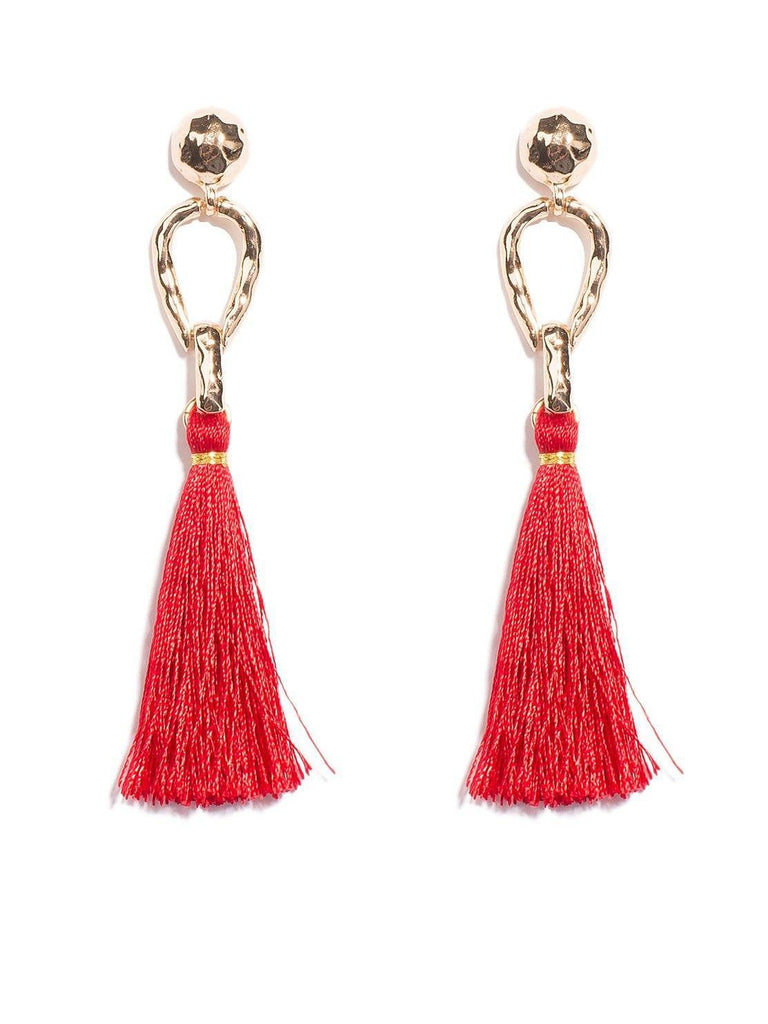 Red Gold Tone Metal Loop Tassel Statement Earrings