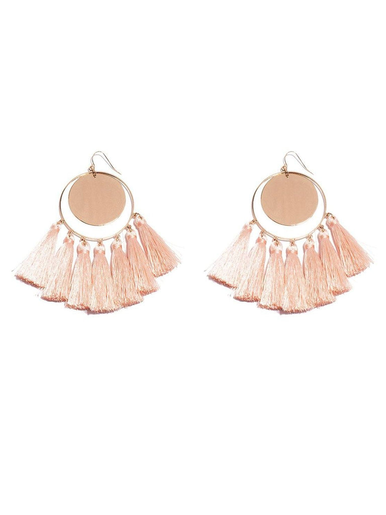 Flat Disc Hoop Tassel Earrings