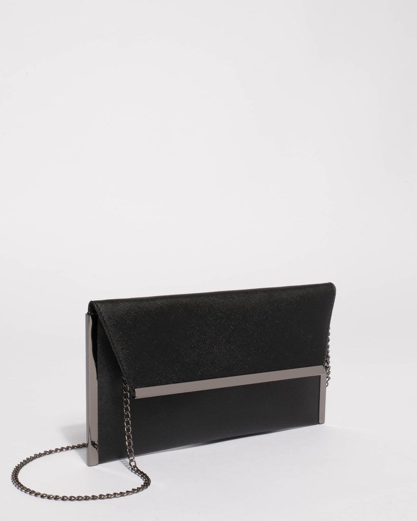 Black Lo Side Metal Clutch Bag With Gunmetal Hardware