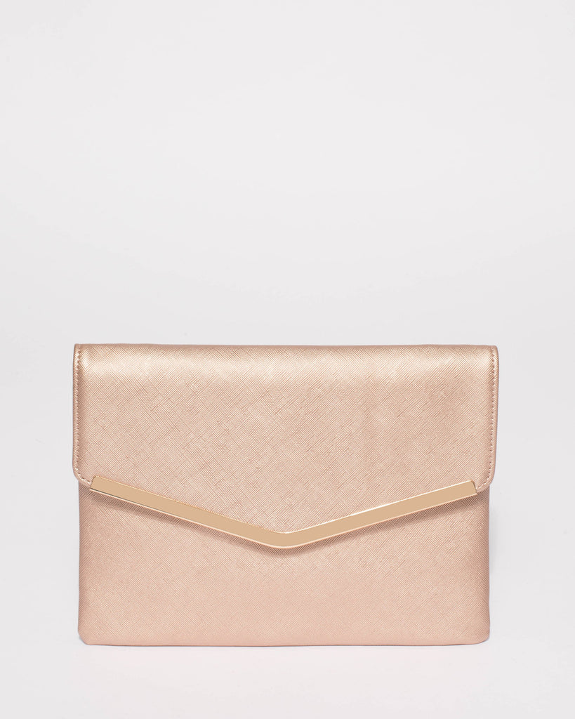 Rose Gold Raquella Clutch Bag With Gold Hardware