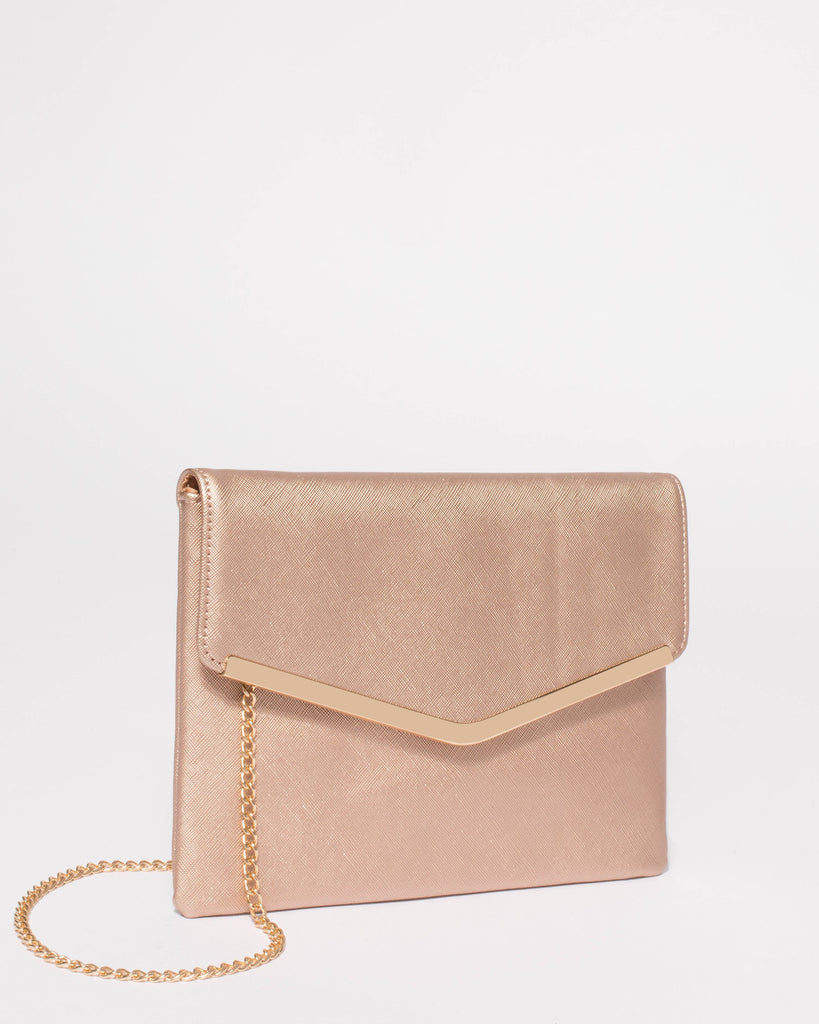 Rose Gold Raquella Clutch Bag With Gold Hardware