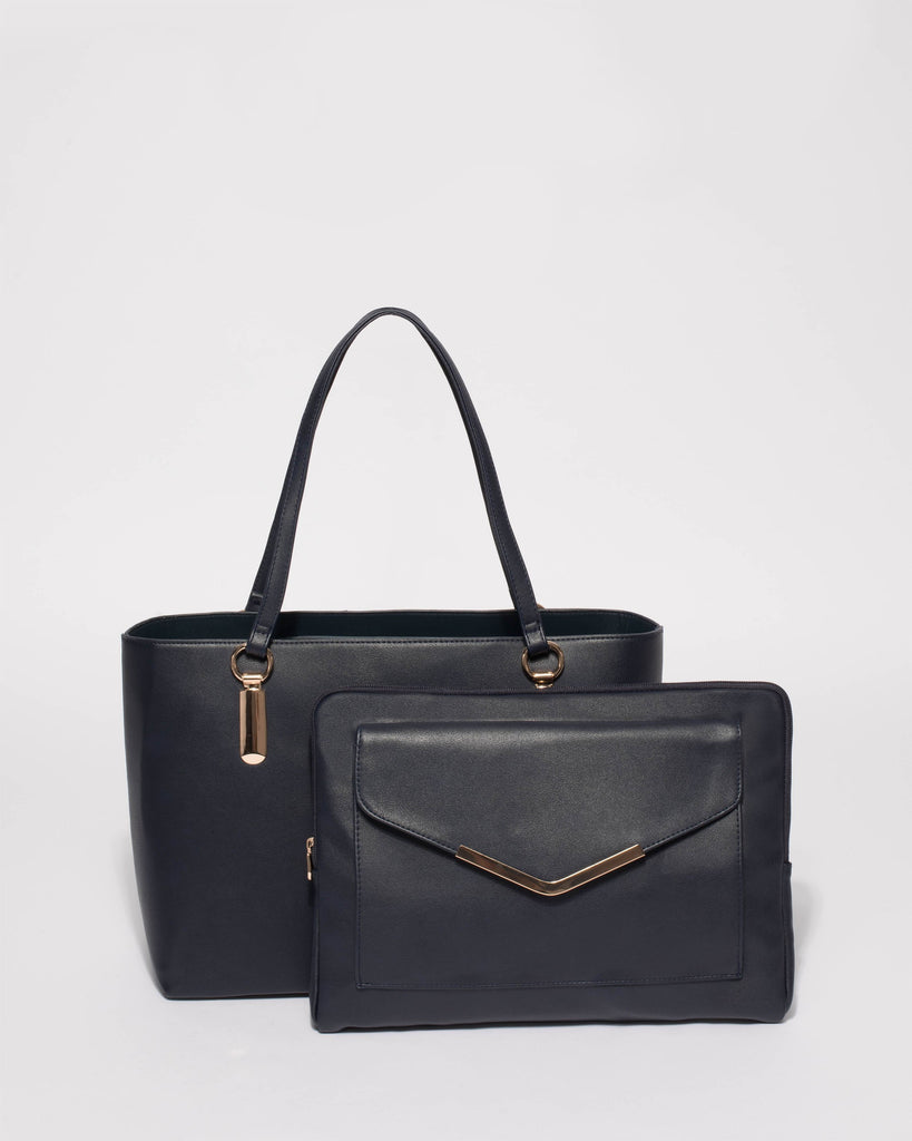 Navy Angelina Tech Tote Bag With Gold Hardware