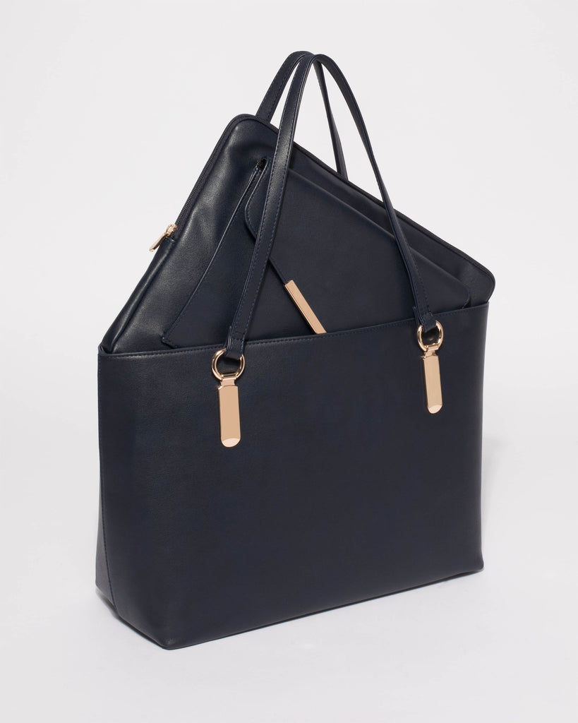 Navy Angelina Tech Tote Bag With Gold Hardware
