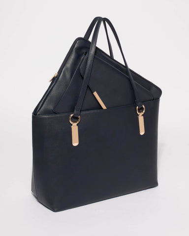 Navy Angelina Tech Tote Bag With Gold Hardware