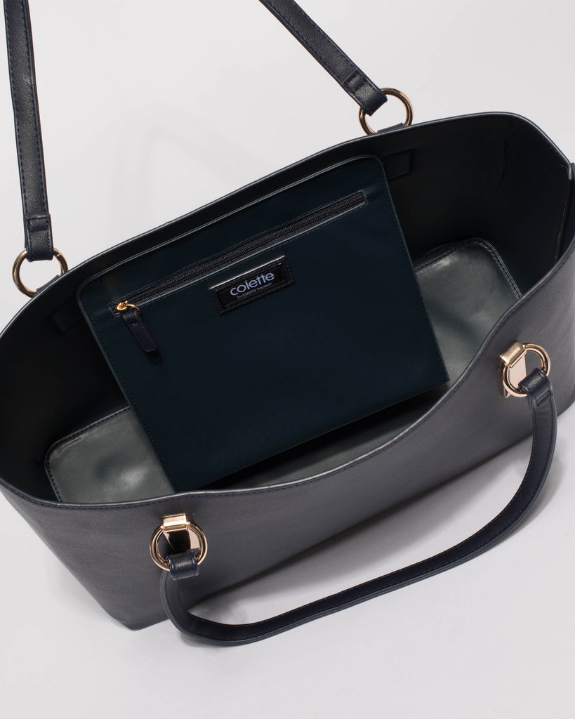 Navy Angelina Tech Tote Bag With Gold Hardware