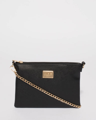 Black Saffiano Plain Peta Chain Crossbody Bag With Gold Hardware