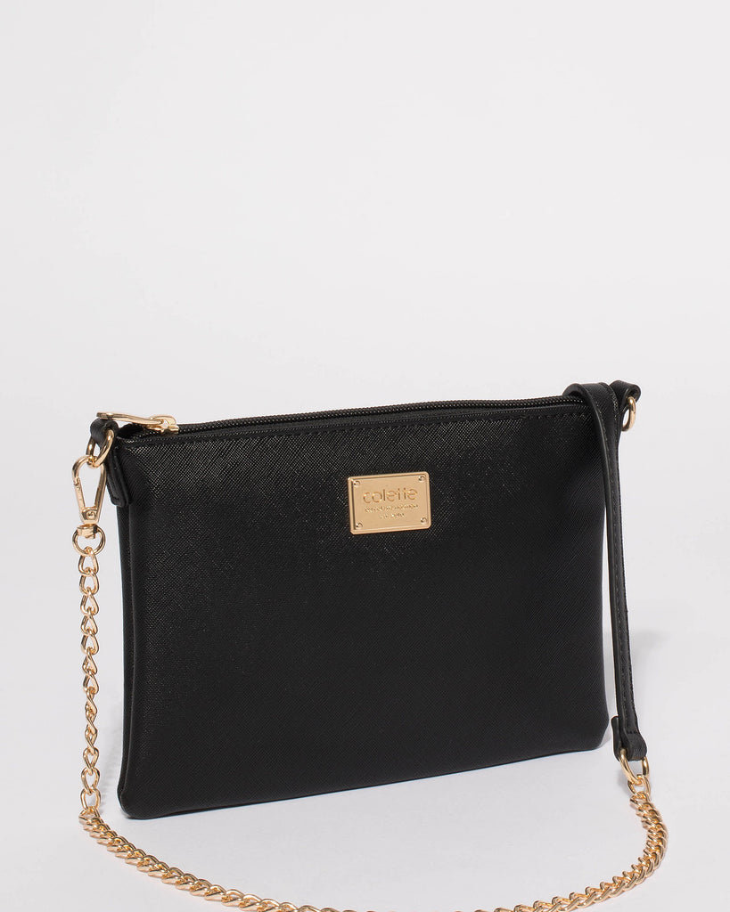 Black Saffiano Plain Peta Chain Crossbody Bag With Gold Hardware