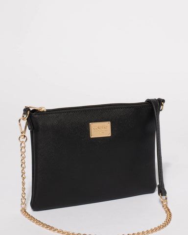 Black Saffiano Plain Peta Chain Crossbody Bag With Gold Hardware