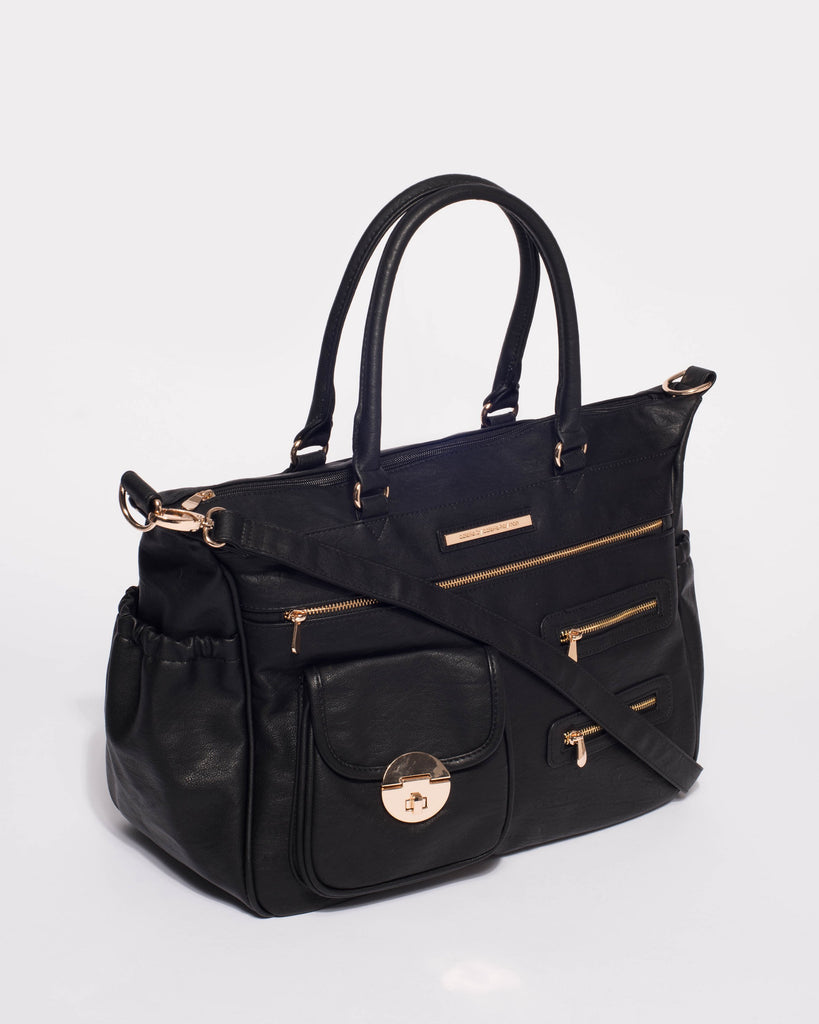 Black Pocket And Zip Baby Bag