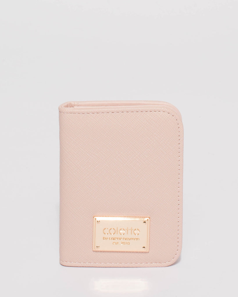 Pink Saffiano Credit Card Purse With Gold Hardware