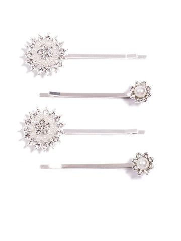 Silver Tone Pearl Diamante Pack Hair Pin Pack