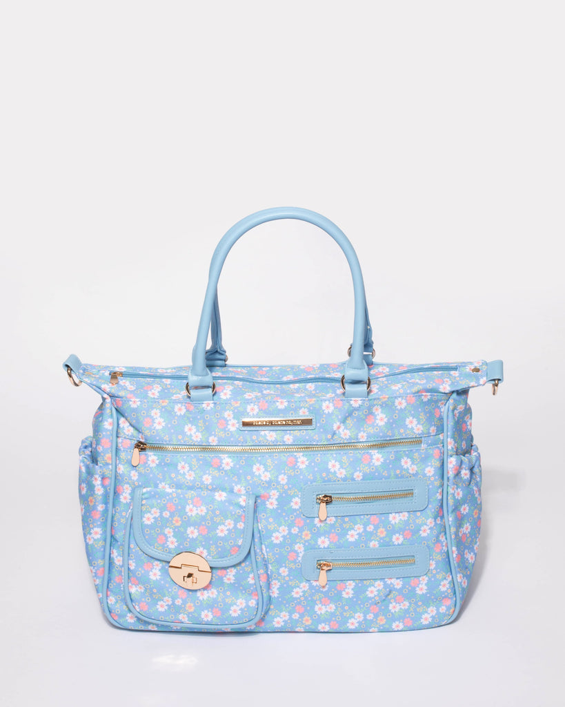 Blue Floral Print Pocket And Zip Baby Bag