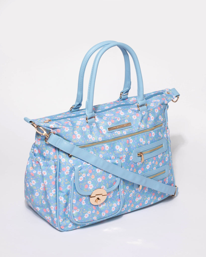 Blue Floral Print Pocket And Zip Baby Bag