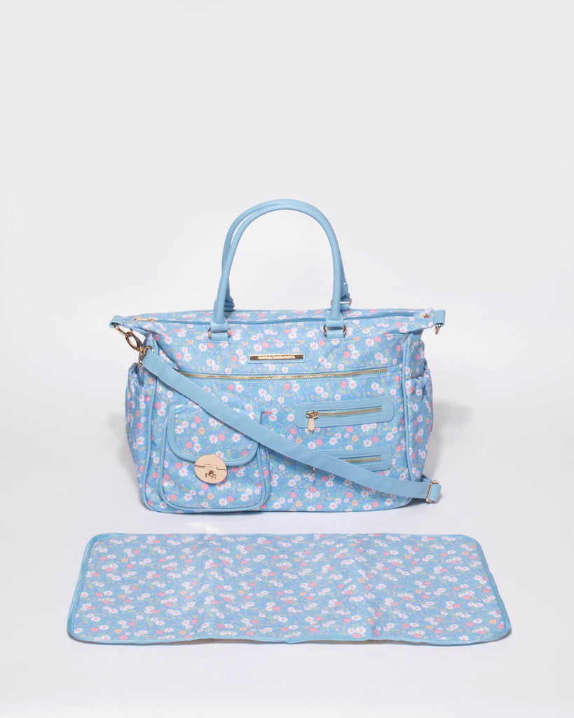 Blue Floral Print Pocket And Zip Baby Bag