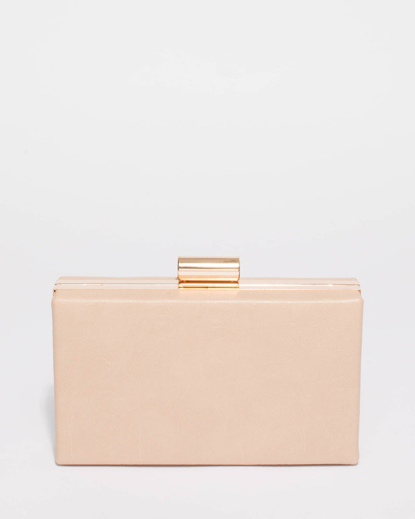 Beige Smooth Sally Hardcase Clutch Bag With Gold Hardware