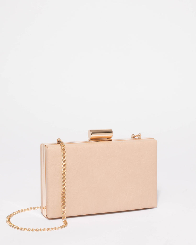Beige Smooth Sally Hardcase Clutch Bag With Gold Hardware