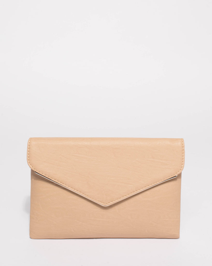 Beige Smooth Samantha Clutch Bag With Silver Hardware