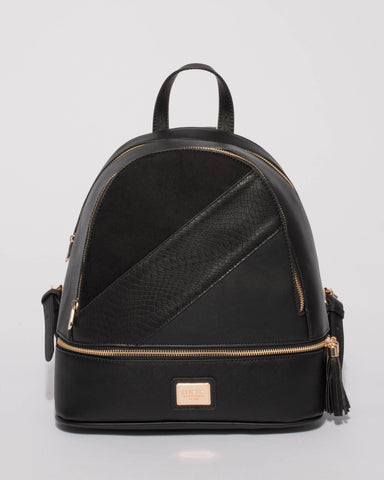 Black Textured Bridget Tassel Panel Medium Backpack
