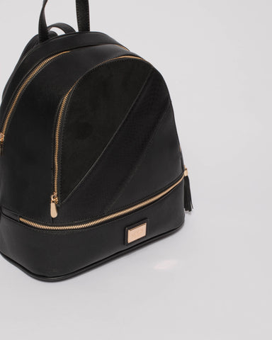 Black Textured Bridget Tassel Panel Medium Backpack