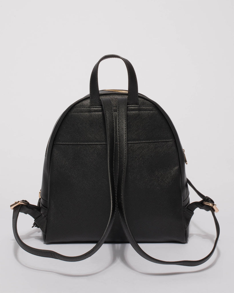 Black Textured Bridget Tassel Panel Medium Backpack