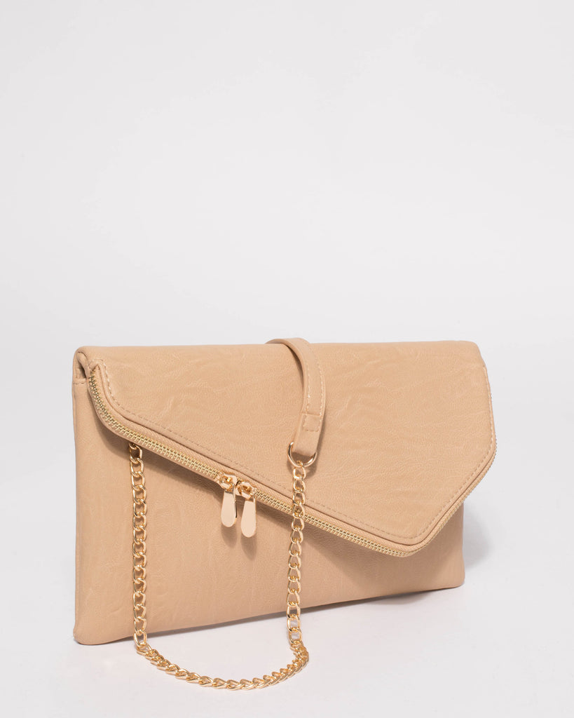 Beige Elise Foldover Clutch Bag