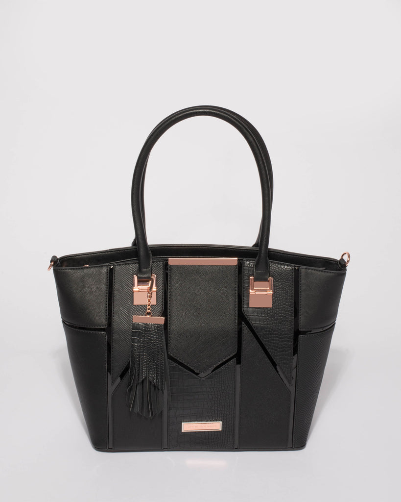 Black Annie Tassel Tote Bag With Rose Gold Hardware