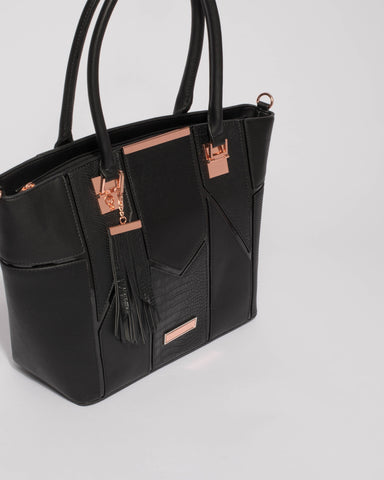 Black Annie Tassel Tote Bag With Rose Gold Hardware