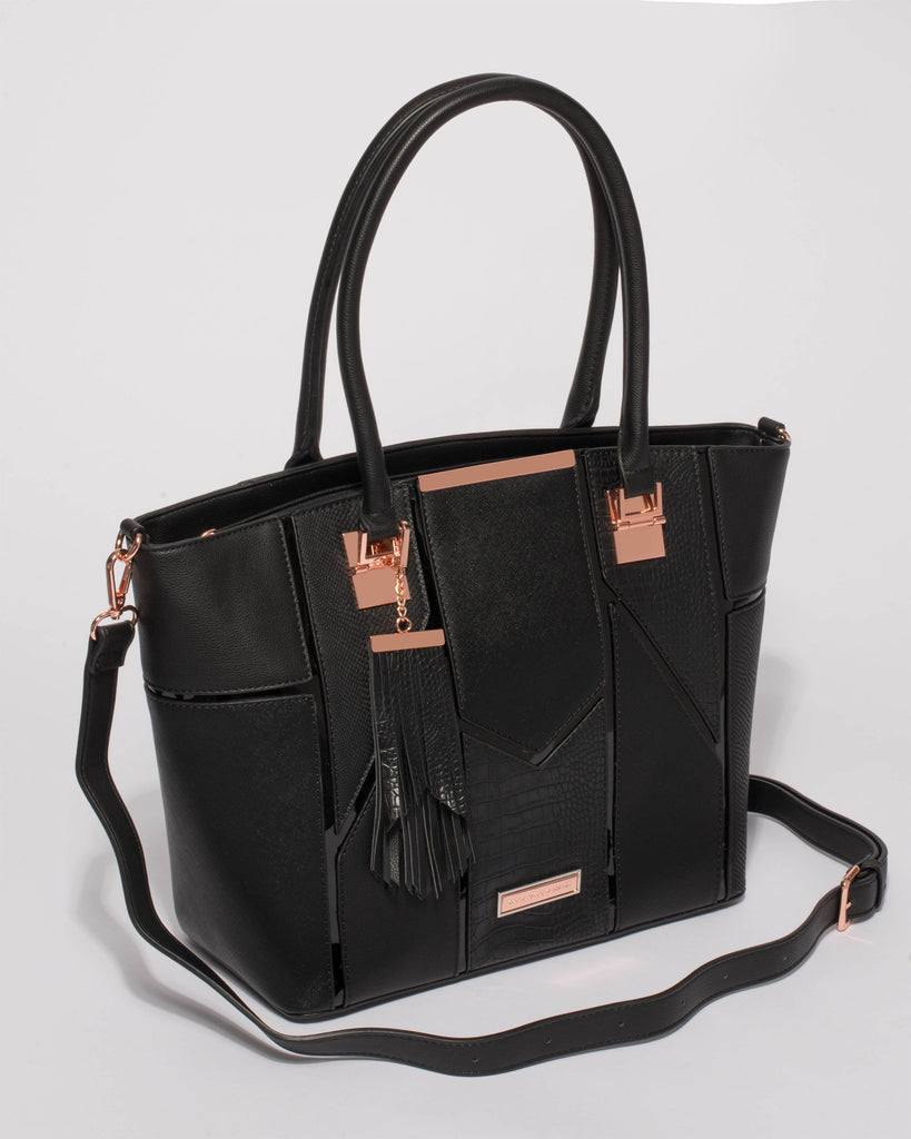 Black Annie Tassel Tote Bag With Rose Gold Hardware
