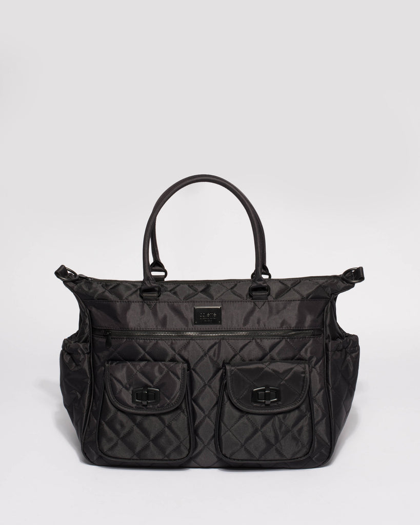 Black Quilted Baby Bag With Matte Black Hardware