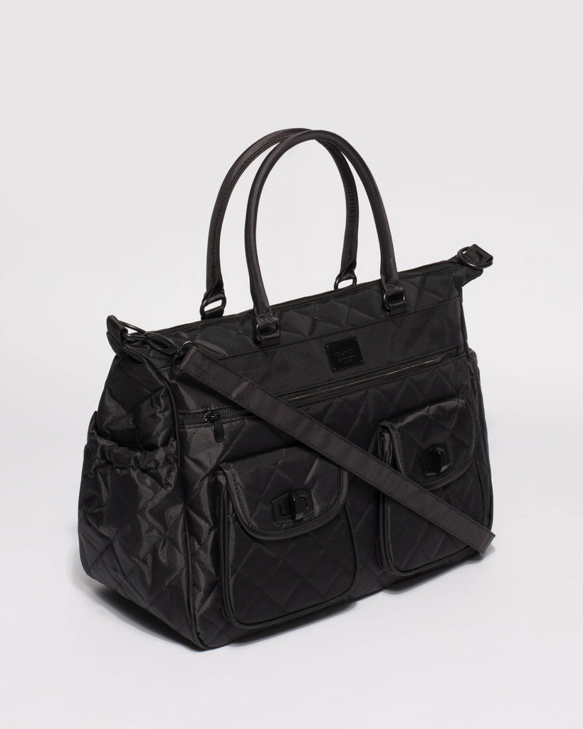 Black Quilted Baby Bag With Matte Black Hardware