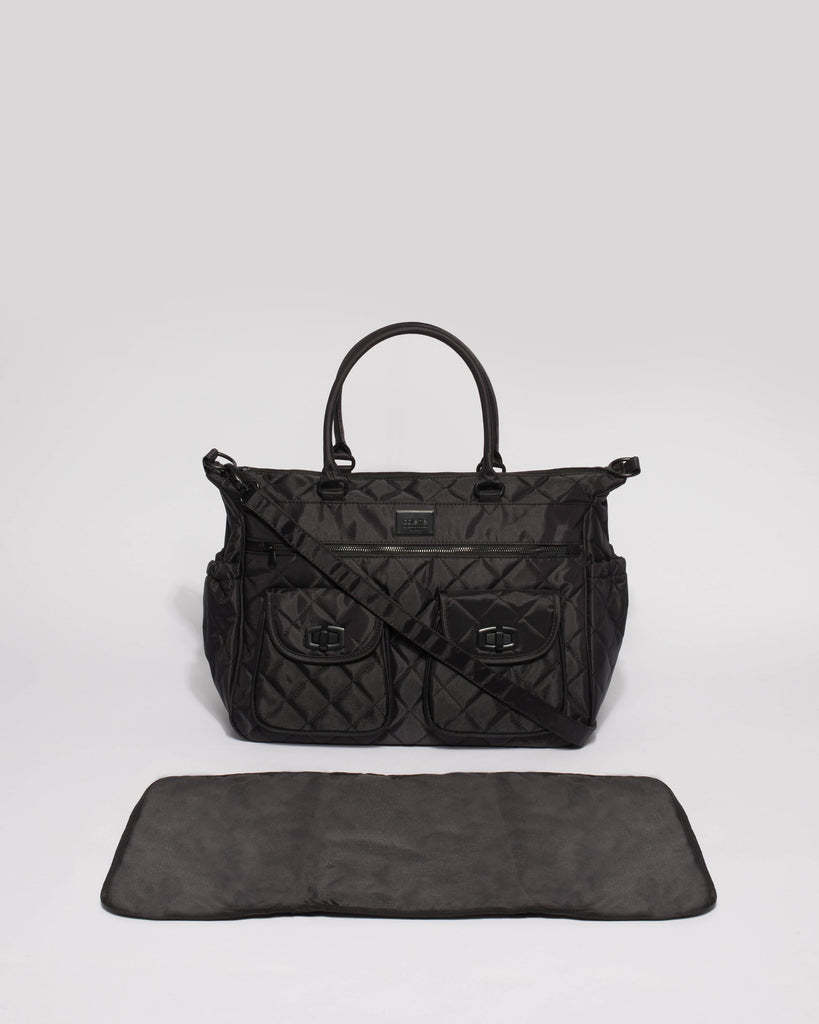 Black Quilted Baby Bag With Matte Black Hardware