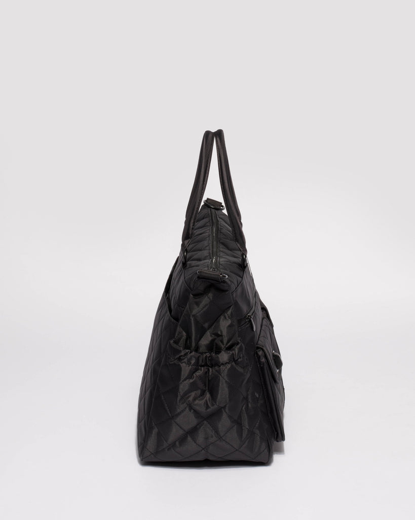 Black Quilted Baby Bag With Matte Black Hardware