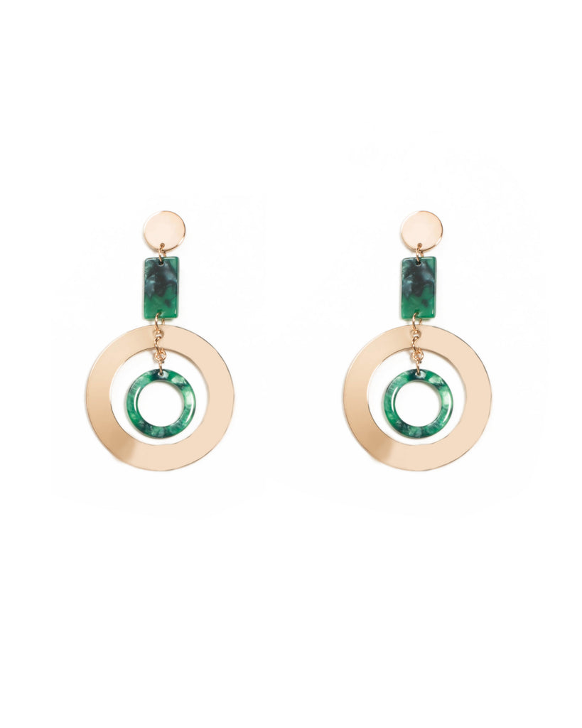 Gold Drop Disk Emerald Statement Earrings