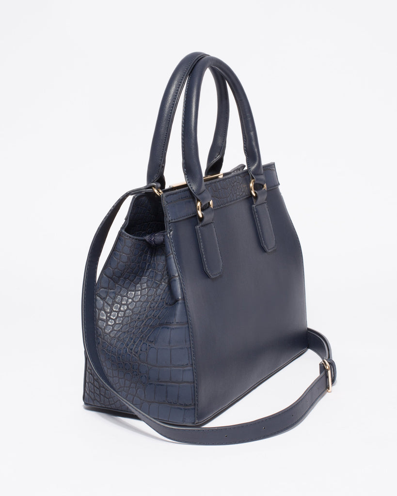 Navy Croc Textured Audrey Tote Bag