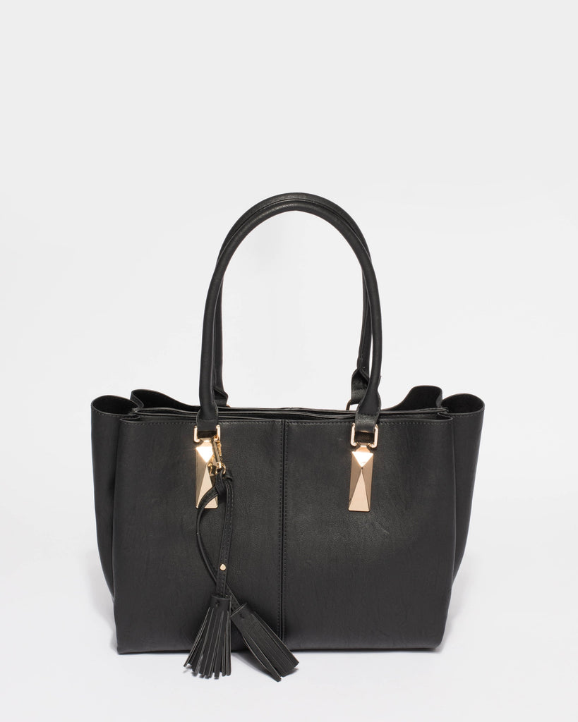 Stacey Smooth Black Tassel Tote Bag