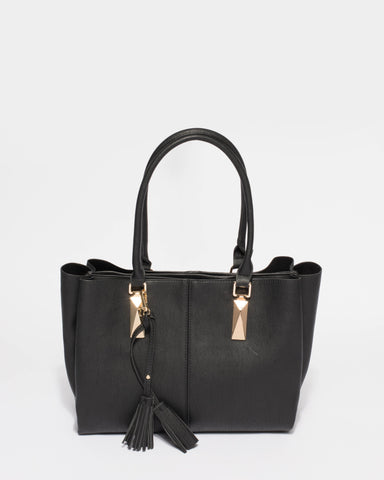 Stacey Smooth Black Tassel Tote Bag
