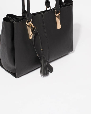 Stacey Smooth Black Tassel Tote Bag