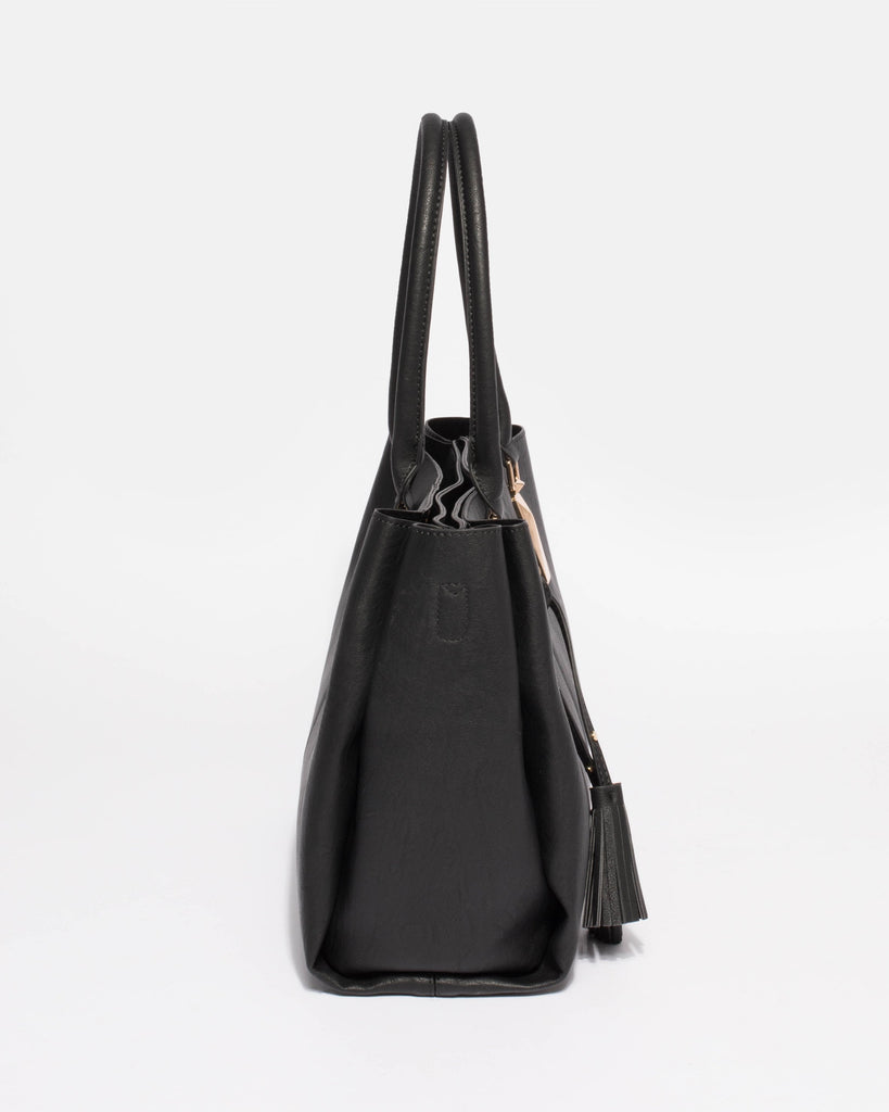 Stacey Smooth Black Tassel Tote Bag