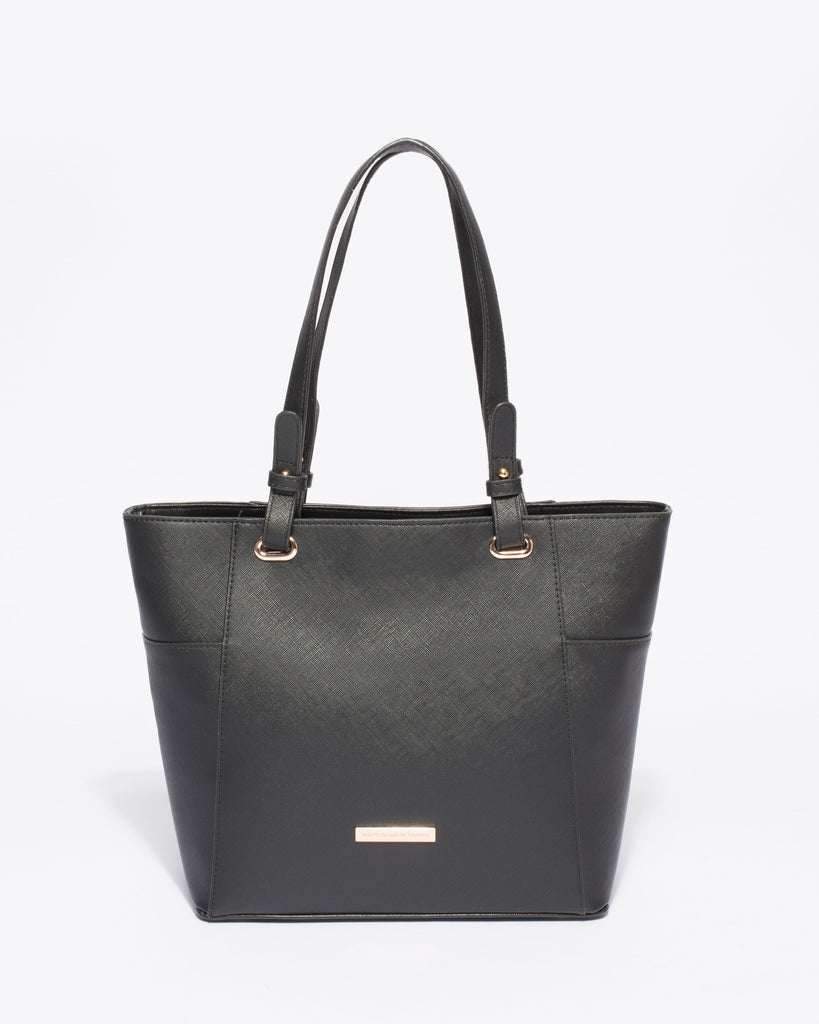 Black Saffiano Carissa Tote Bag with Gold Hardware