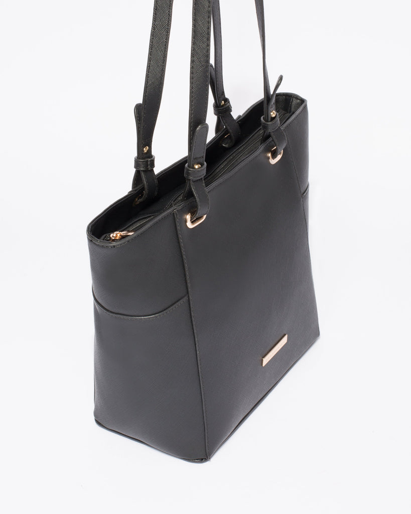 Black Saffiano Carissa Tote Bag with Gold Hardware