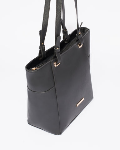 Black Saffiano Carissa Tote Bag with Gold Hardware