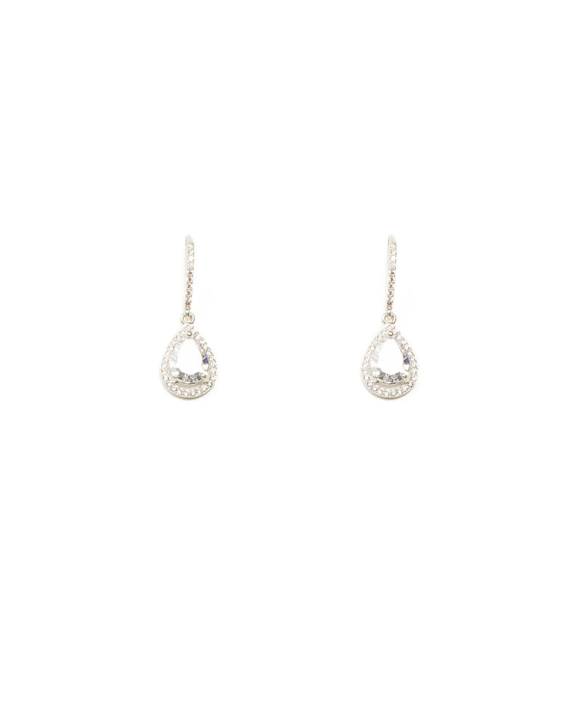 Cubic Zirconia Silver Tone Pear Halo Hook Earrings