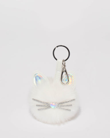 White Silver Tone Hologram Cat Pom Pom Keyring